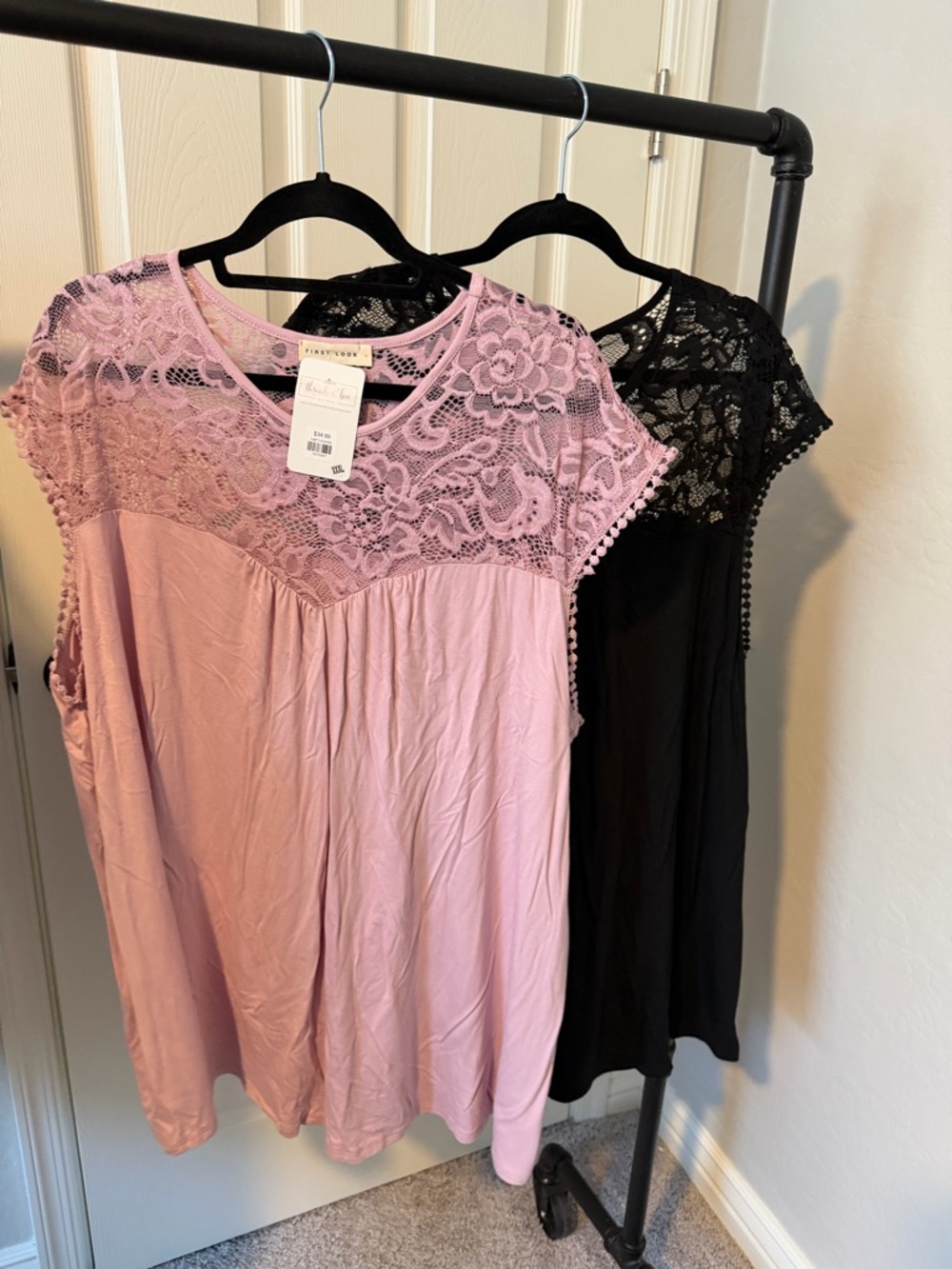 First Looks Pink and Black Lace Trim Cap Sleeve Tops